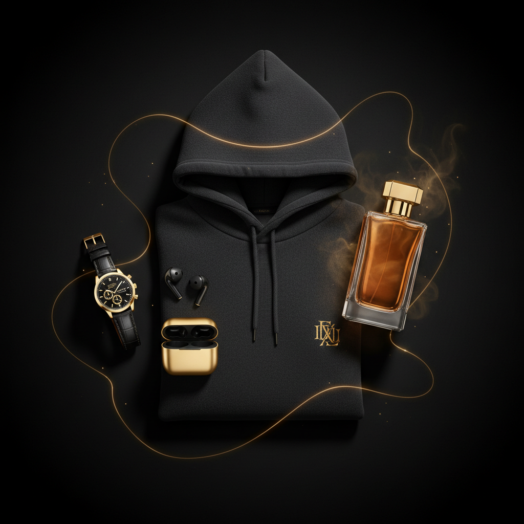 All vendor bundle - hoodie, watch, AirPods, and cologne